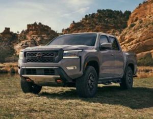 A front-facing photo of a silver 2023 Nissan Frontier taken near Fishers, Indianapolis