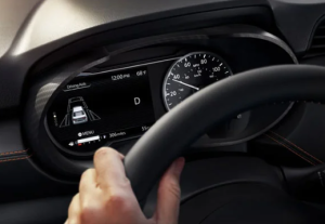 The dashboard of a 2024 Nissan Versa being driven near Fishers, Indiana